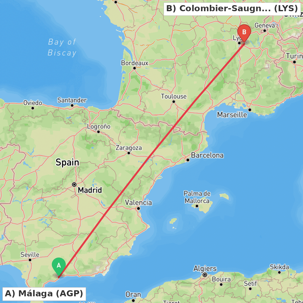 Flight route map from Málaga to Colombier-Saugnieu, Rhône