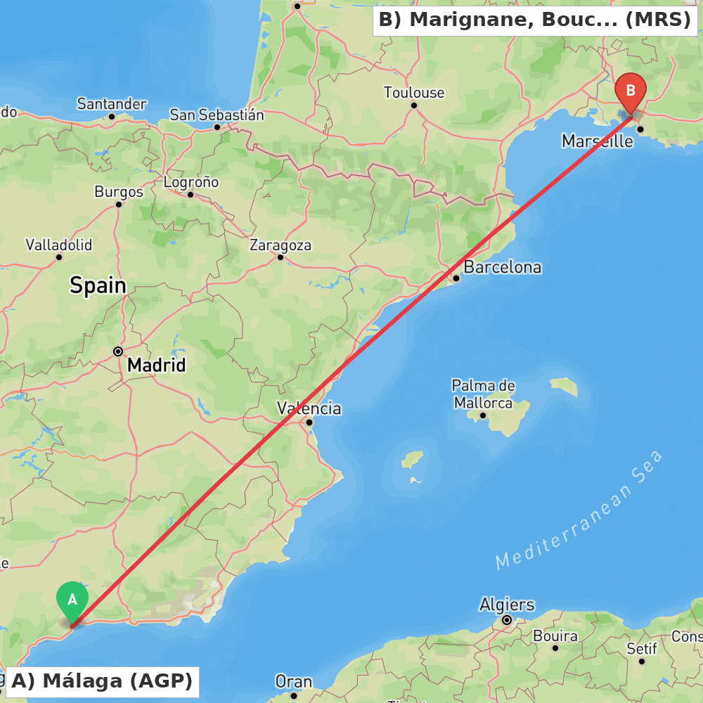 Flight route map from Málaga to Marignane, Bouches-du-Rhône