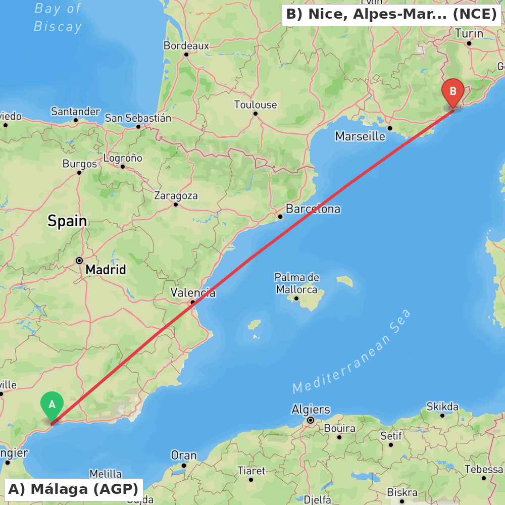 Flight route map from Málaga to Nice, Alpes-Maritimes
