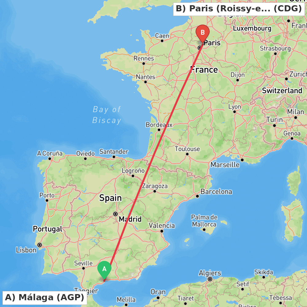 Flight route map from Málaga to Paris (Roissy-en-France, Val-d'Oise)