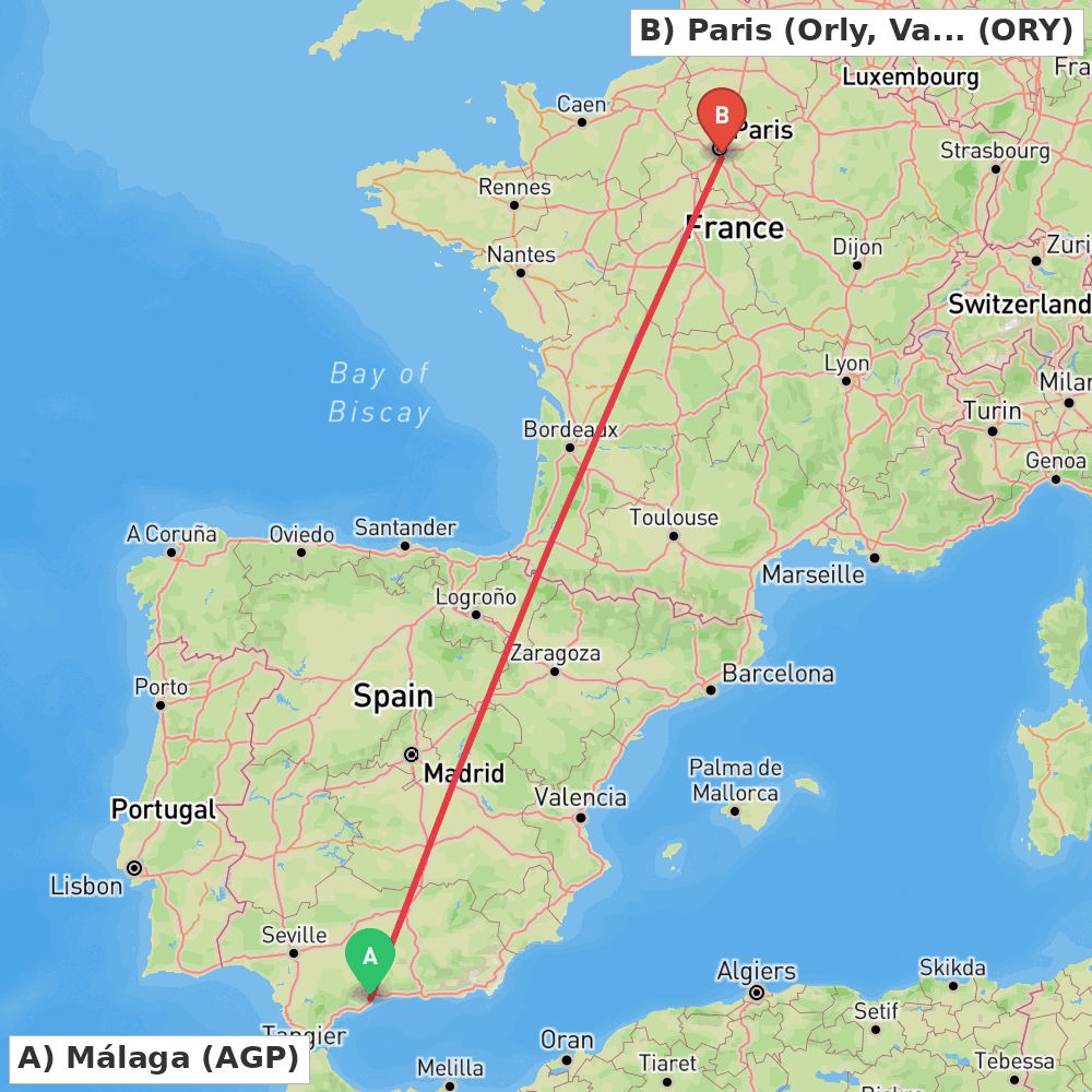 Flight route map from Málaga to Paris (Orly, Val-de-Marne)