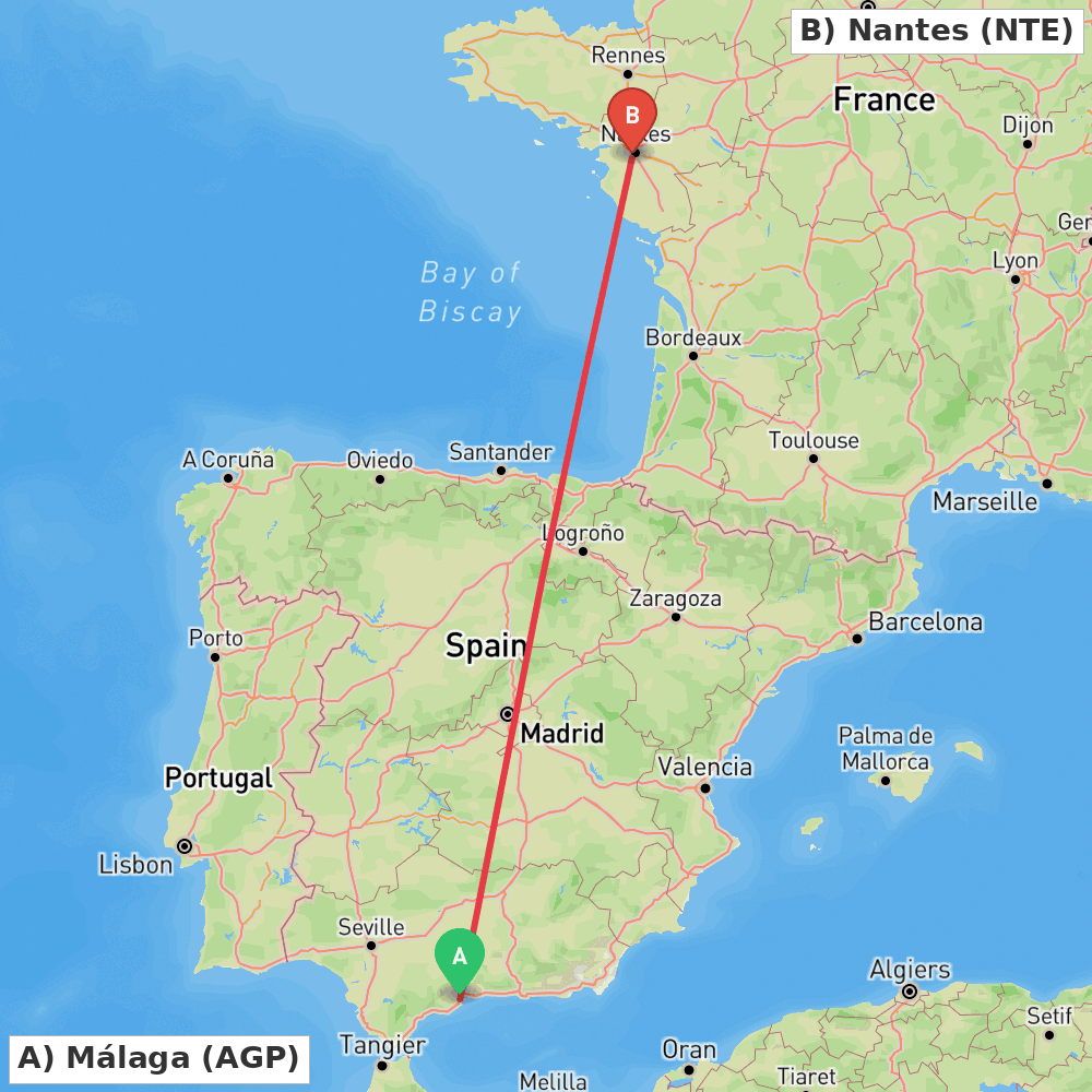 Flight route map from Málaga to Nantes