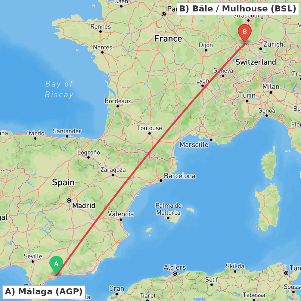 Flight route map from Málaga to Bâle / Mulhouse