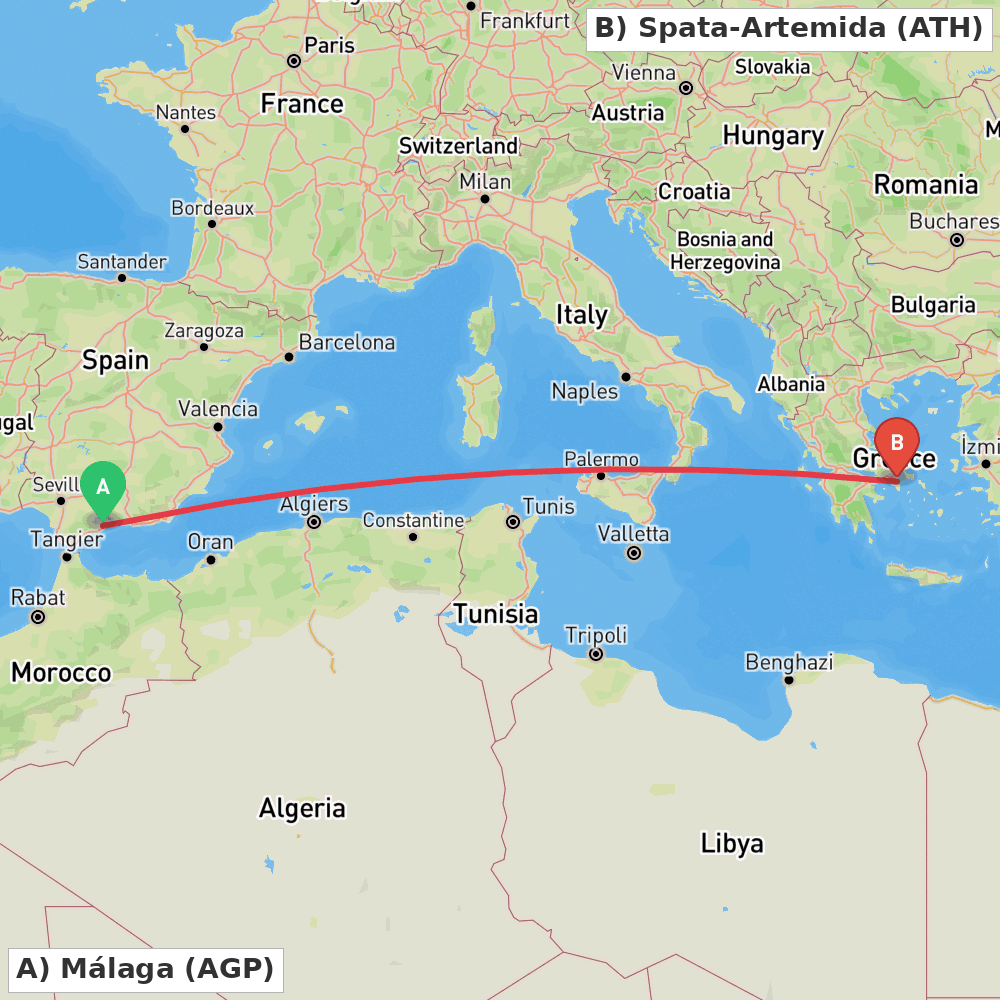 Flight route map from Málaga to Spata-Artemida