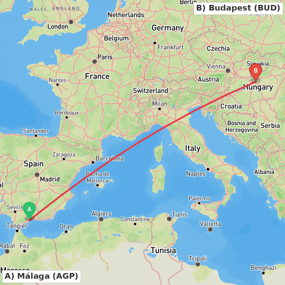 Flight route map from Málaga to Budapest