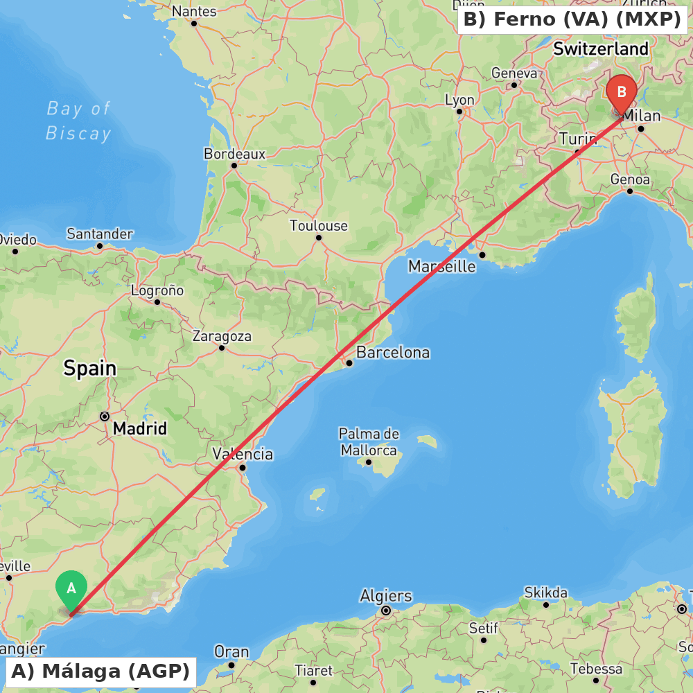 Flight route map from Málaga to Ferno (VA)