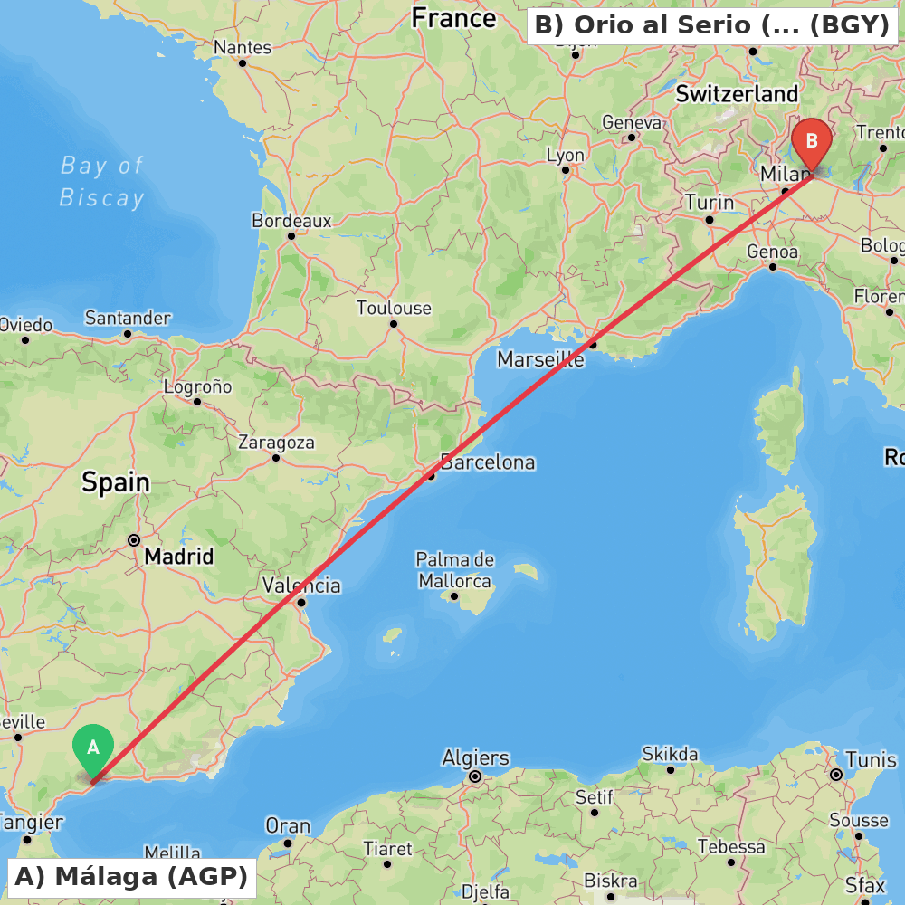Flight route map from Málaga to Orio al Serio (BG)