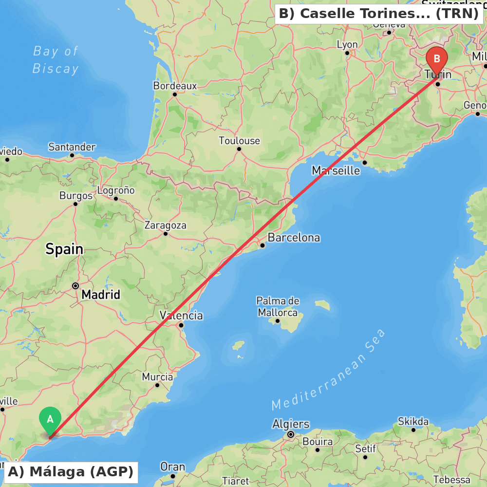Flight route map from Málaga to Caselle Torinese (TO)