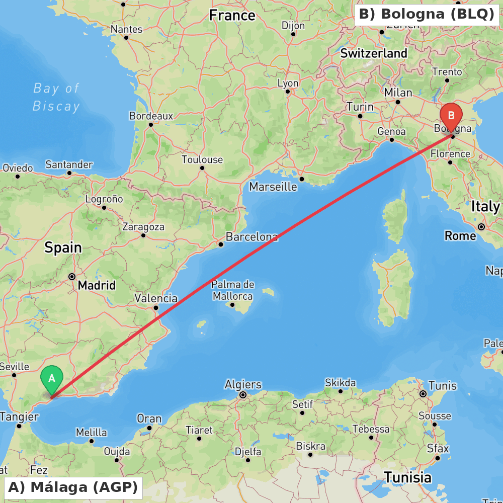 Flight route map from Málaga to Bologna