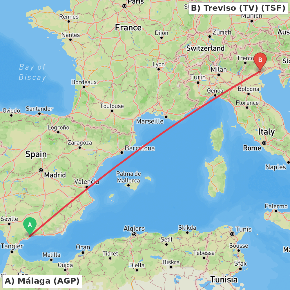 Flight route map from Málaga to Treviso (TV)