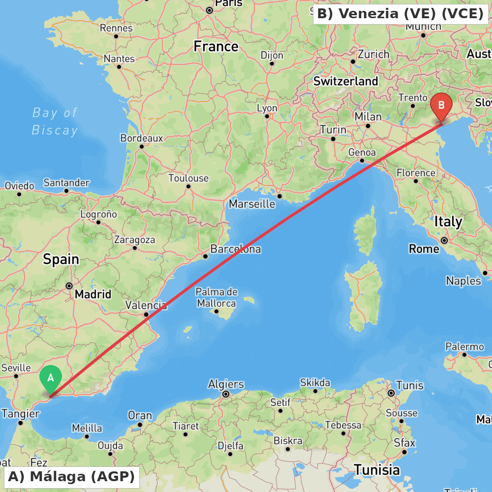 Flight route map from Málaga to Venezia (VE)