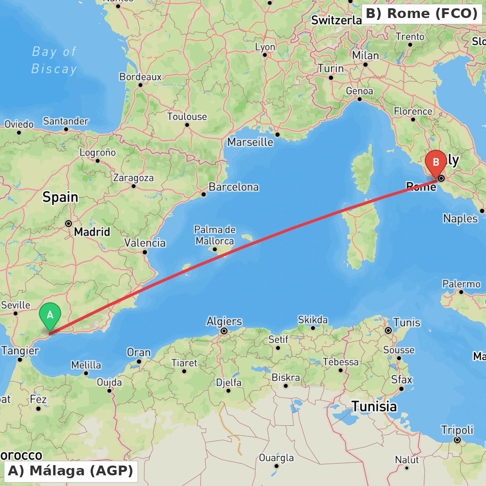 Flight route map from Málaga to Rome