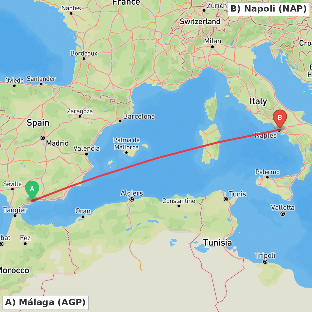 Flight route map from Málaga to Napoli