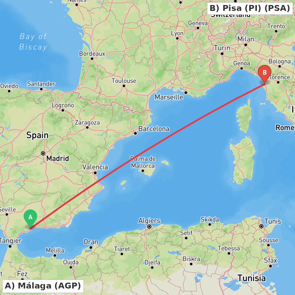 Flight route map from Málaga to Pisa (PI)