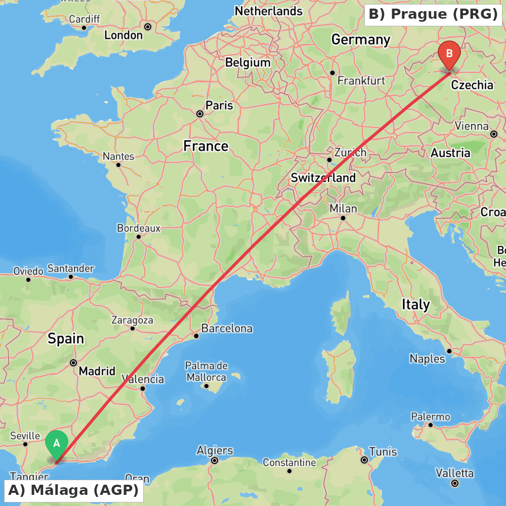 Flight route map from Málaga to Prague