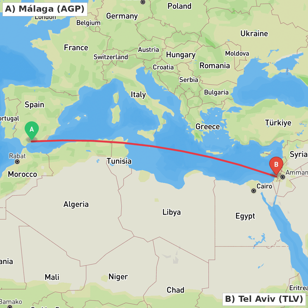 Flight route map from Málaga to Tel Aviv