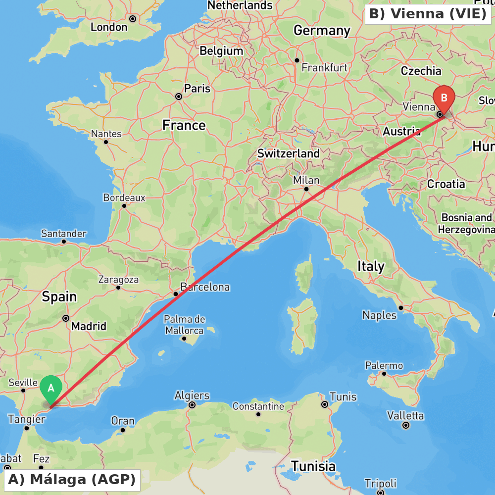 Flight route map from Málaga to Vienna