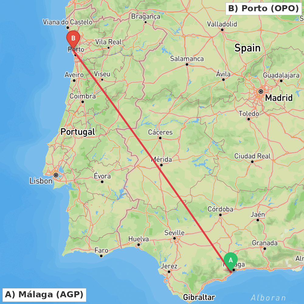 Flight route map from Málaga to Porto