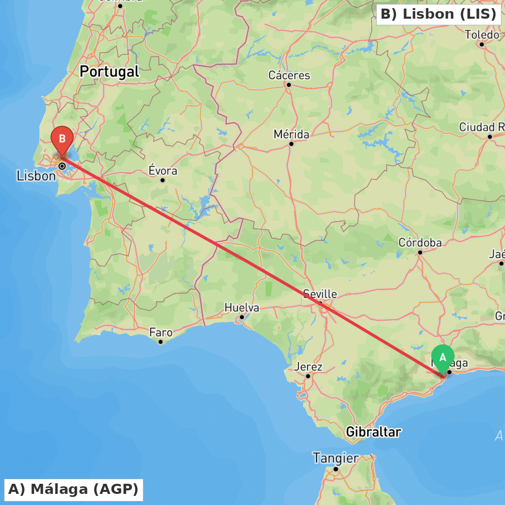 Flight route map from Málaga to Lisbon