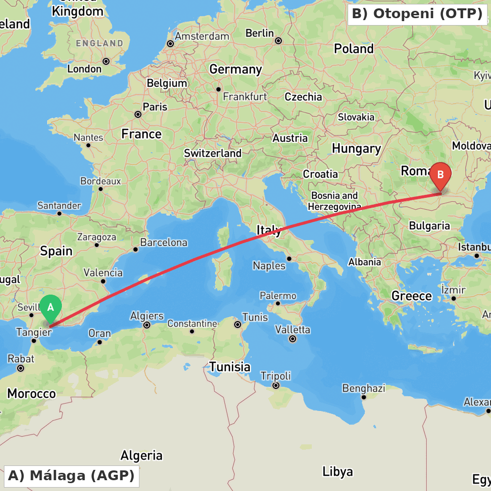Flight route map from Málaga to Otopeni