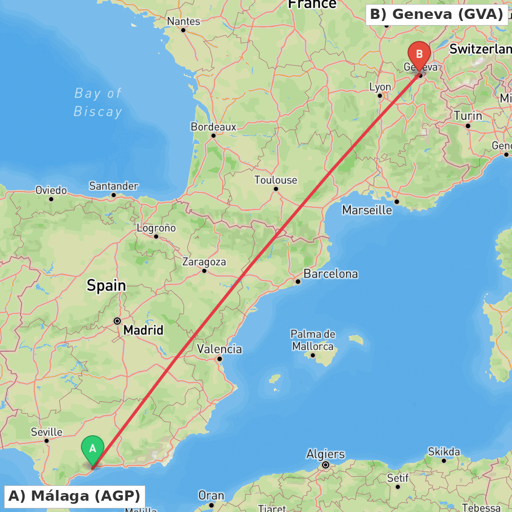 Flight route map from Málaga to Geneva