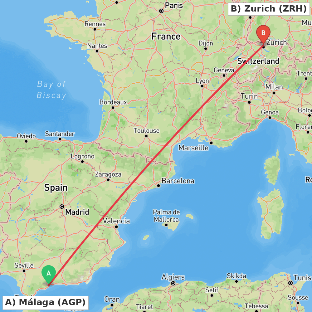 Flight route map from Málaga to Zurich