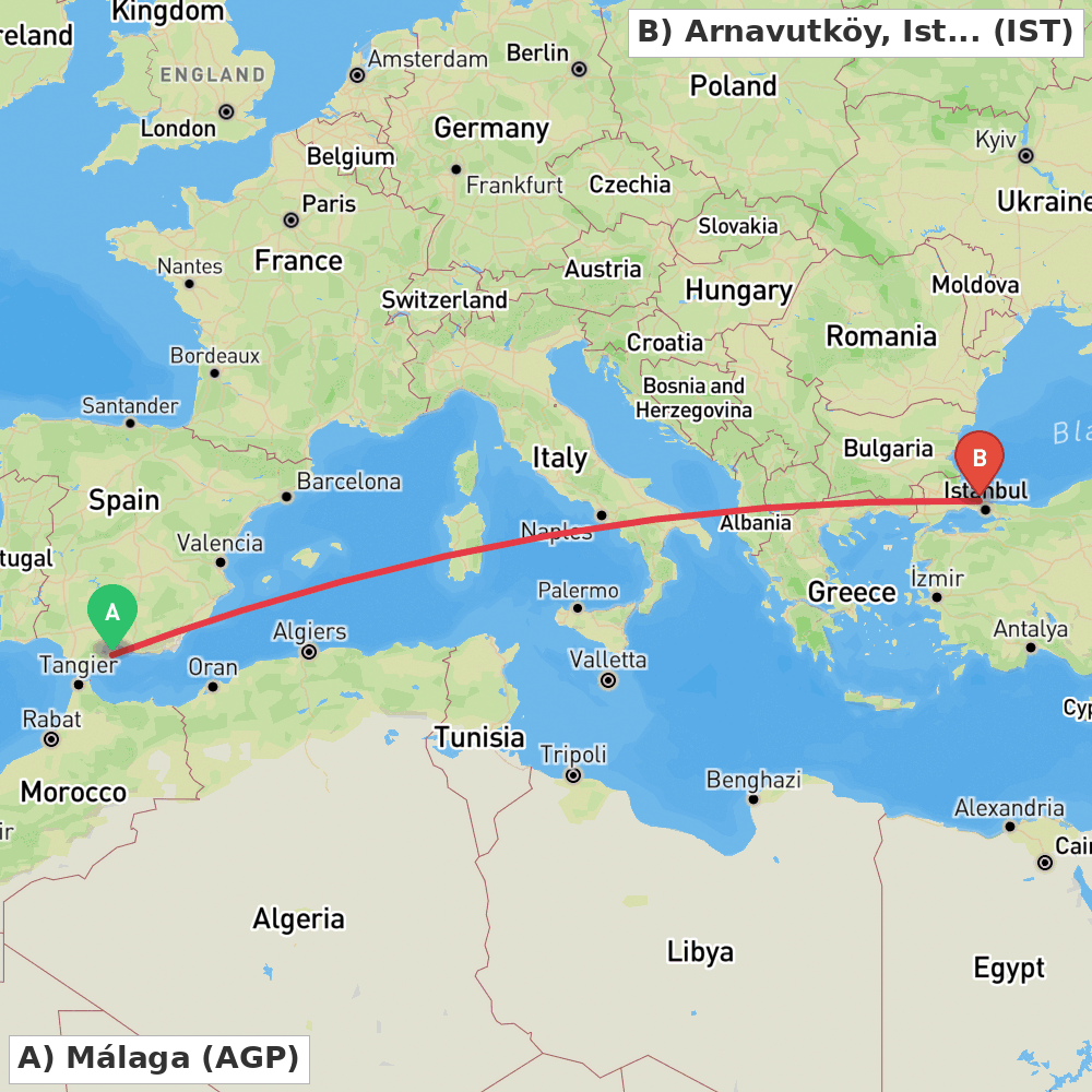 Flight route map from Málaga to Arnavutköy, Istanbul