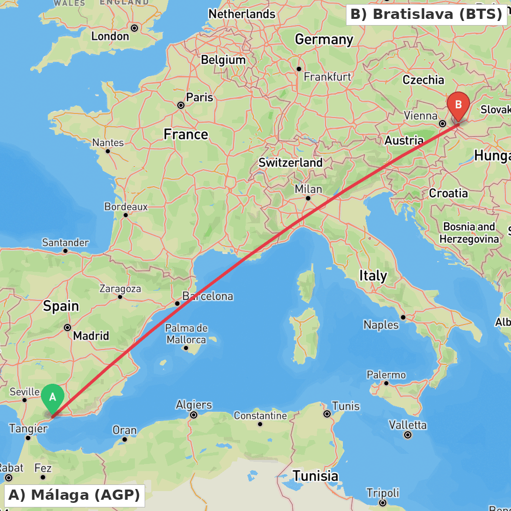 Flight route map from Málaga to Bratislava