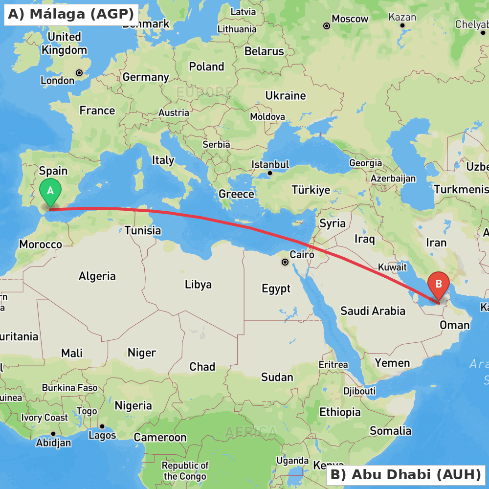 Flight route map from Málaga to Abu Dhabi