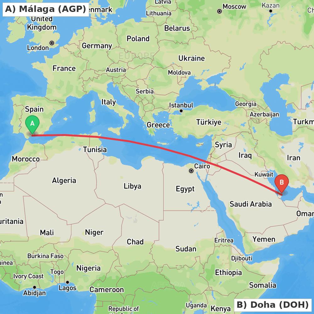 Flight route map from Málaga to Doha