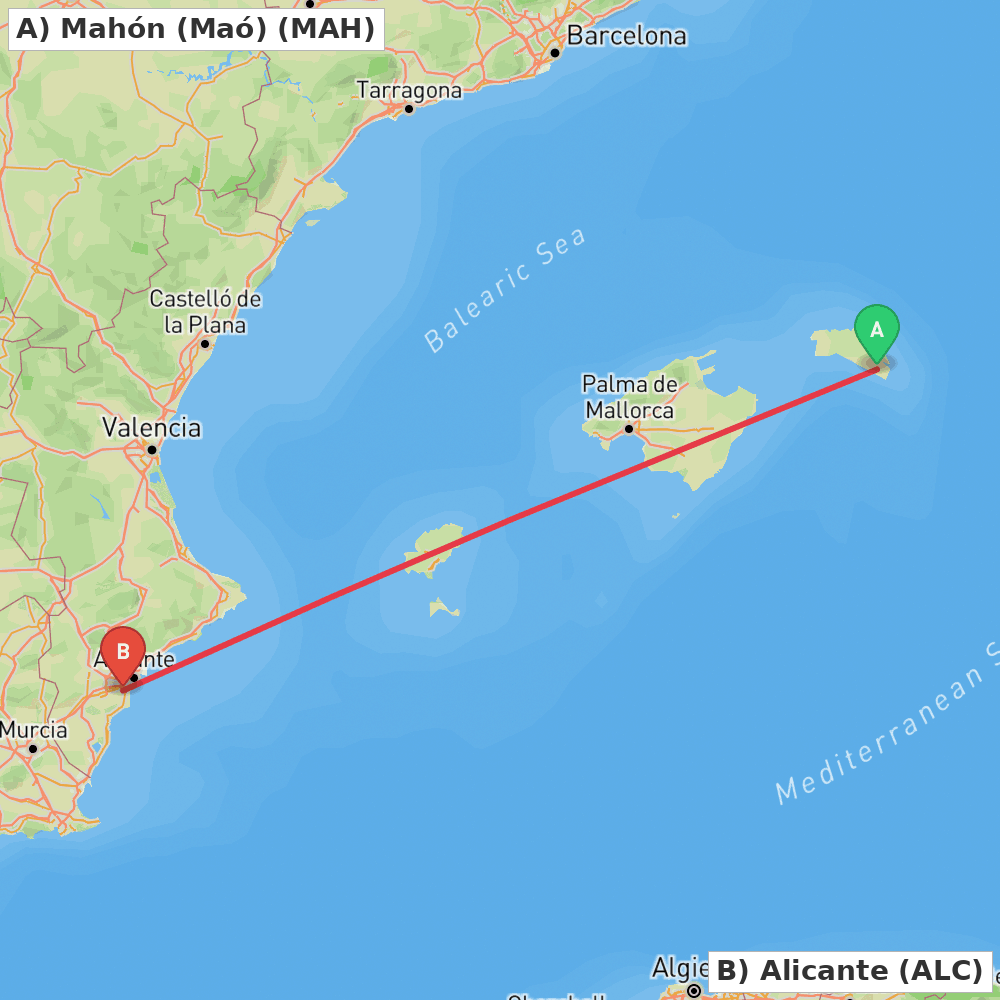 Flight route map from Mahón (Maó) to Alicante