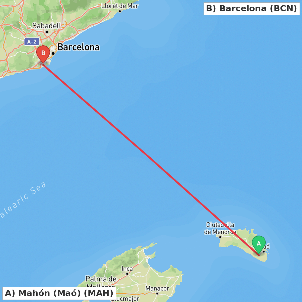 Flight route map from Mahón (Maó) to Barcelona