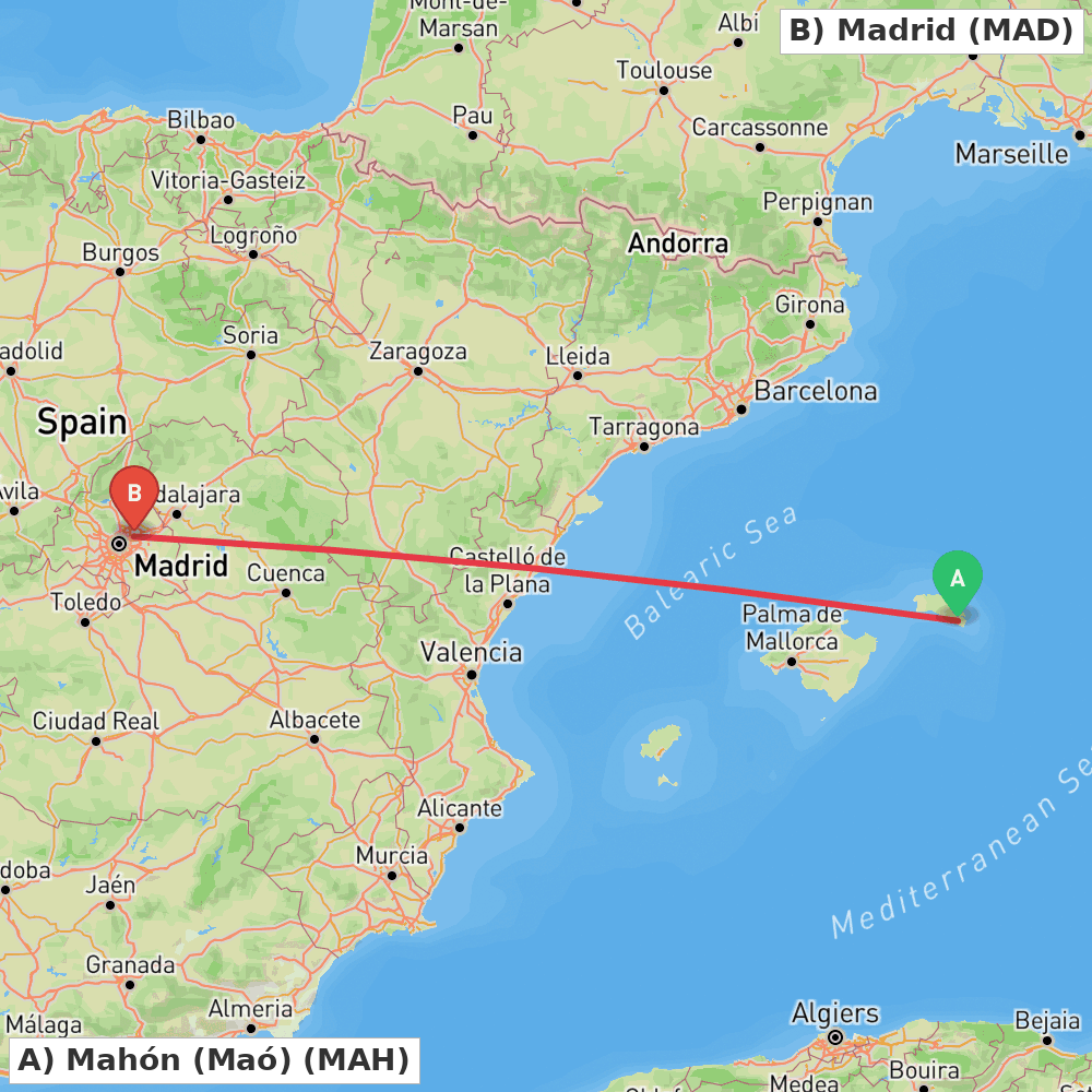 Flight route map from Mahón (Maó) to Madrid