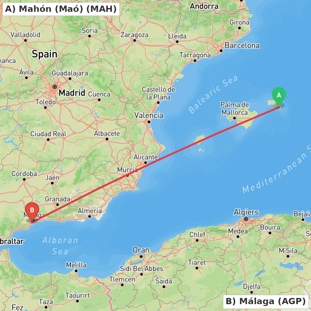 Flight route map from Mahón (Maó) to Málaga