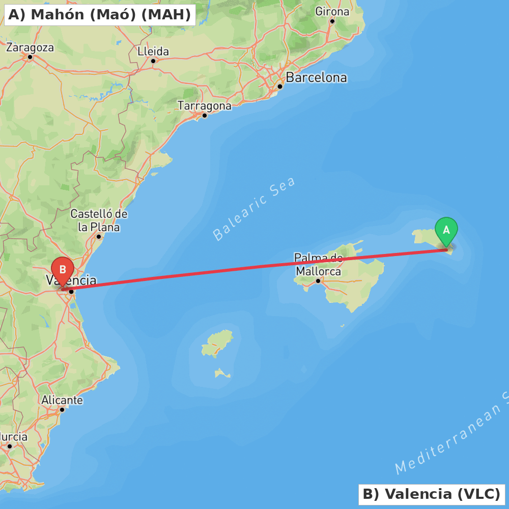 Flight route map from Mahón (Maó) to Valencia