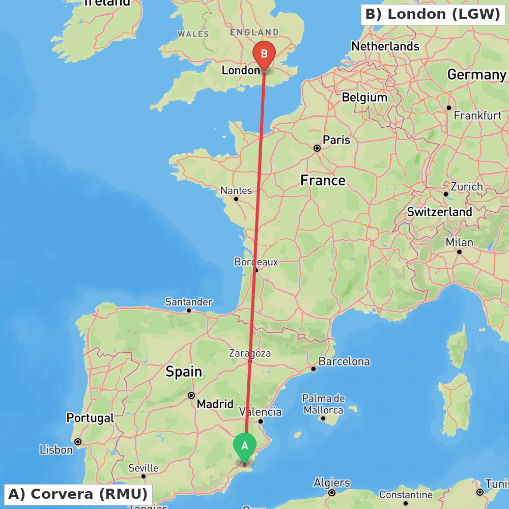 Flight route map from Corvera to London