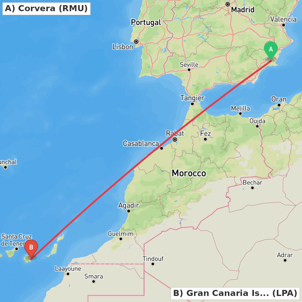 Flight route map from Corvera to Gran Canaria Island