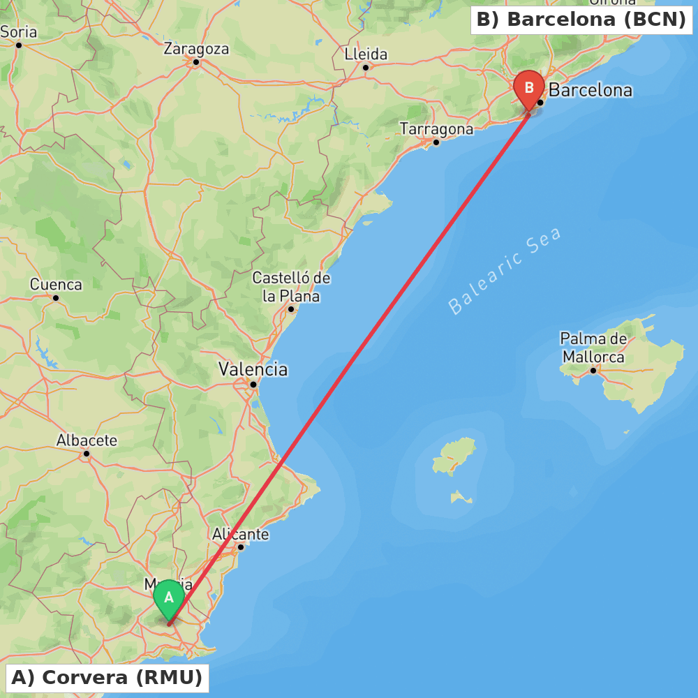 Flight route map from Corvera to Barcelona