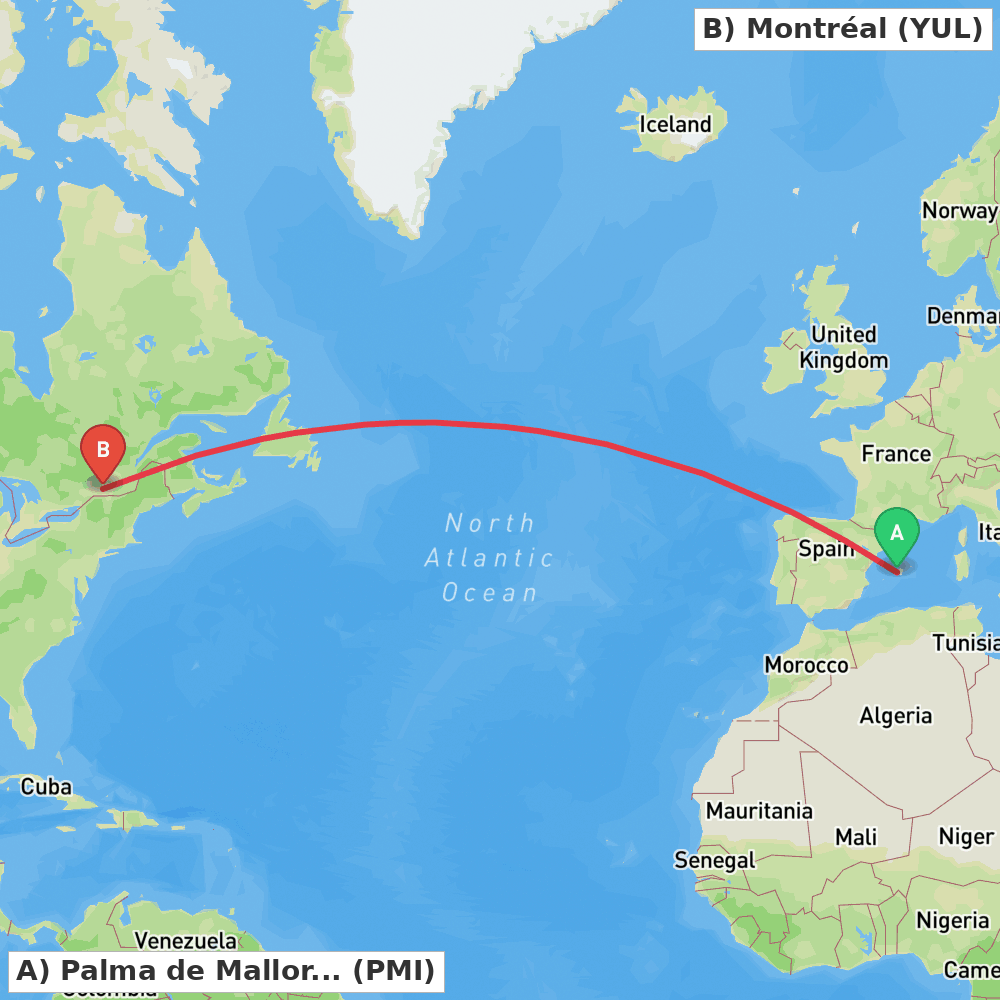 Flight route map from Palma de Mallorca to Montréal