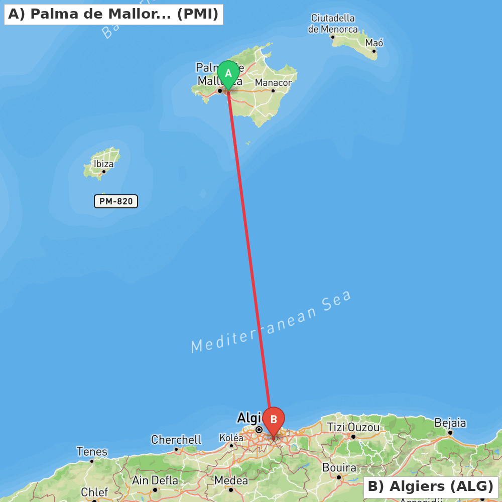 Flight route map from Palma de Mallorca to Algiers