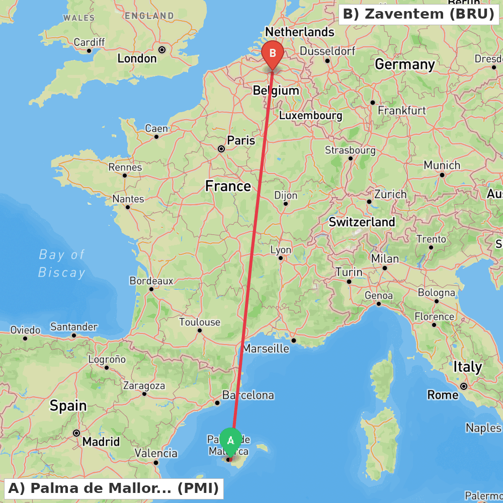 Flight route map from Palma de Mallorca to Zaventem