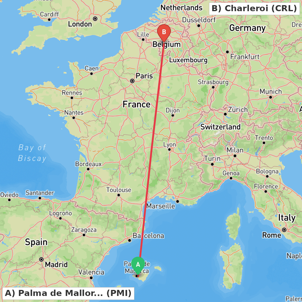 Flight route map from Palma de Mallorca to Charleroi