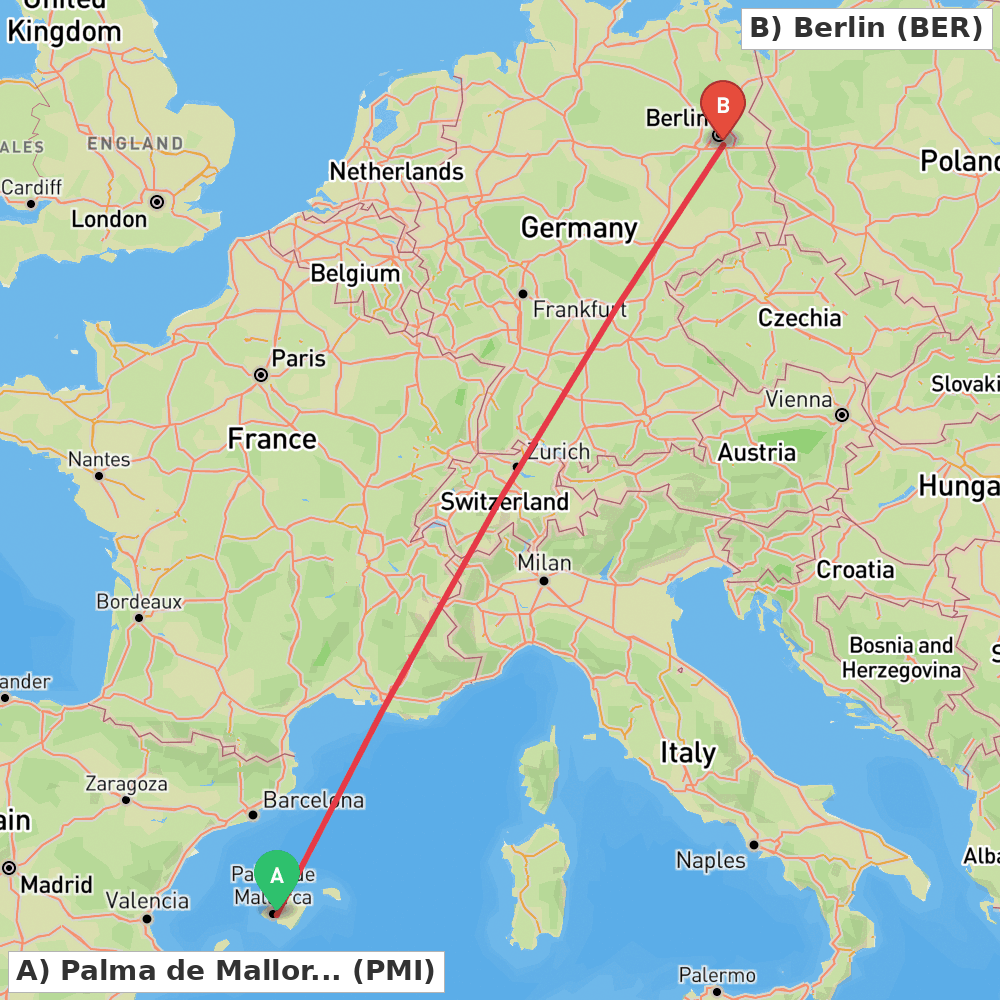 Flight route map from Palma de Mallorca to Berlin