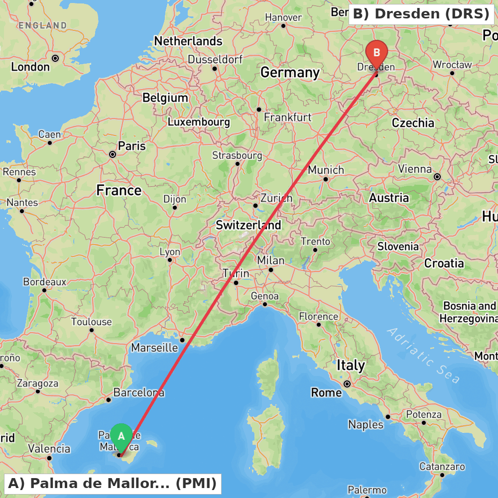 Flight route map from Palma de Mallorca to Dresden