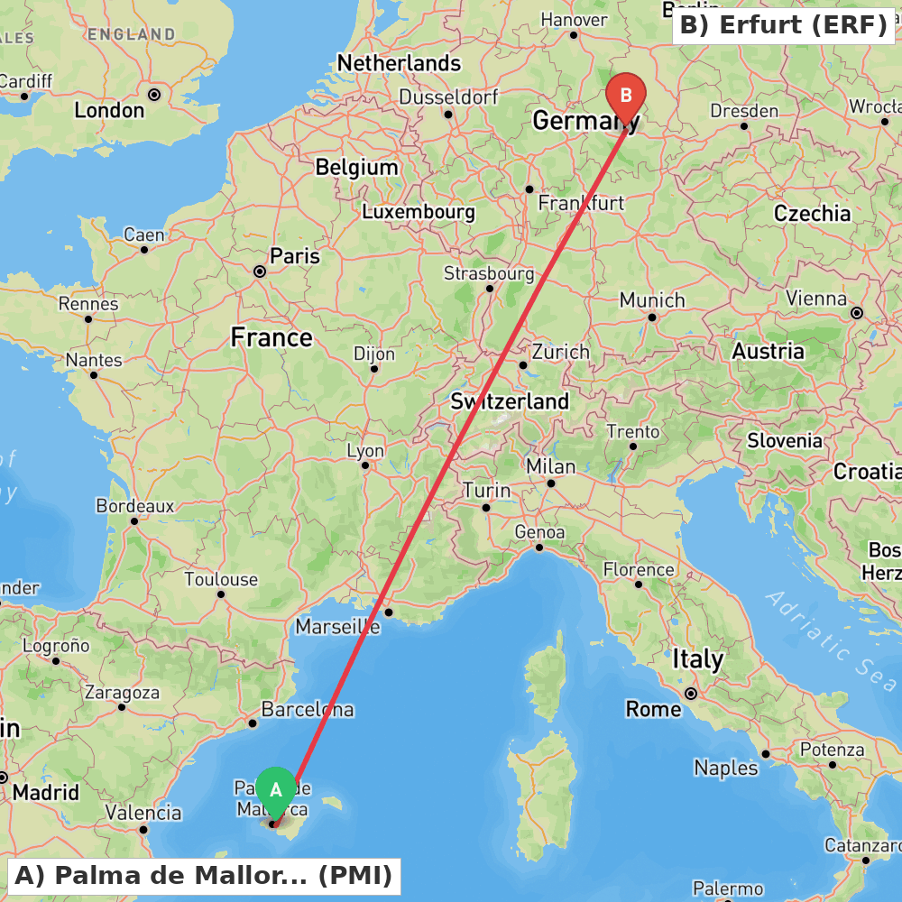 Flight route map from Palma de Mallorca to Erfurt