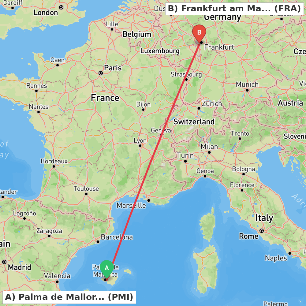 Flight route map from Palma de Mallorca to Frankfurt am Main