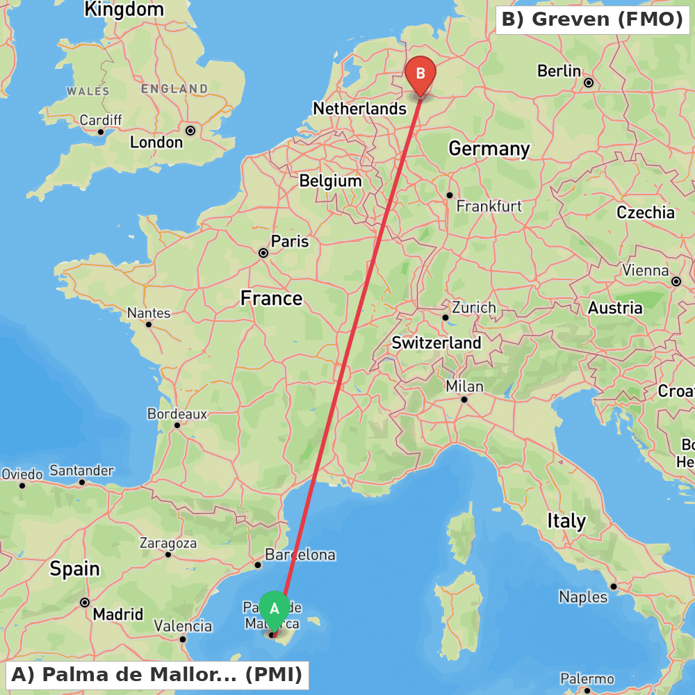 Flight route map from Palma de Mallorca to Greven
