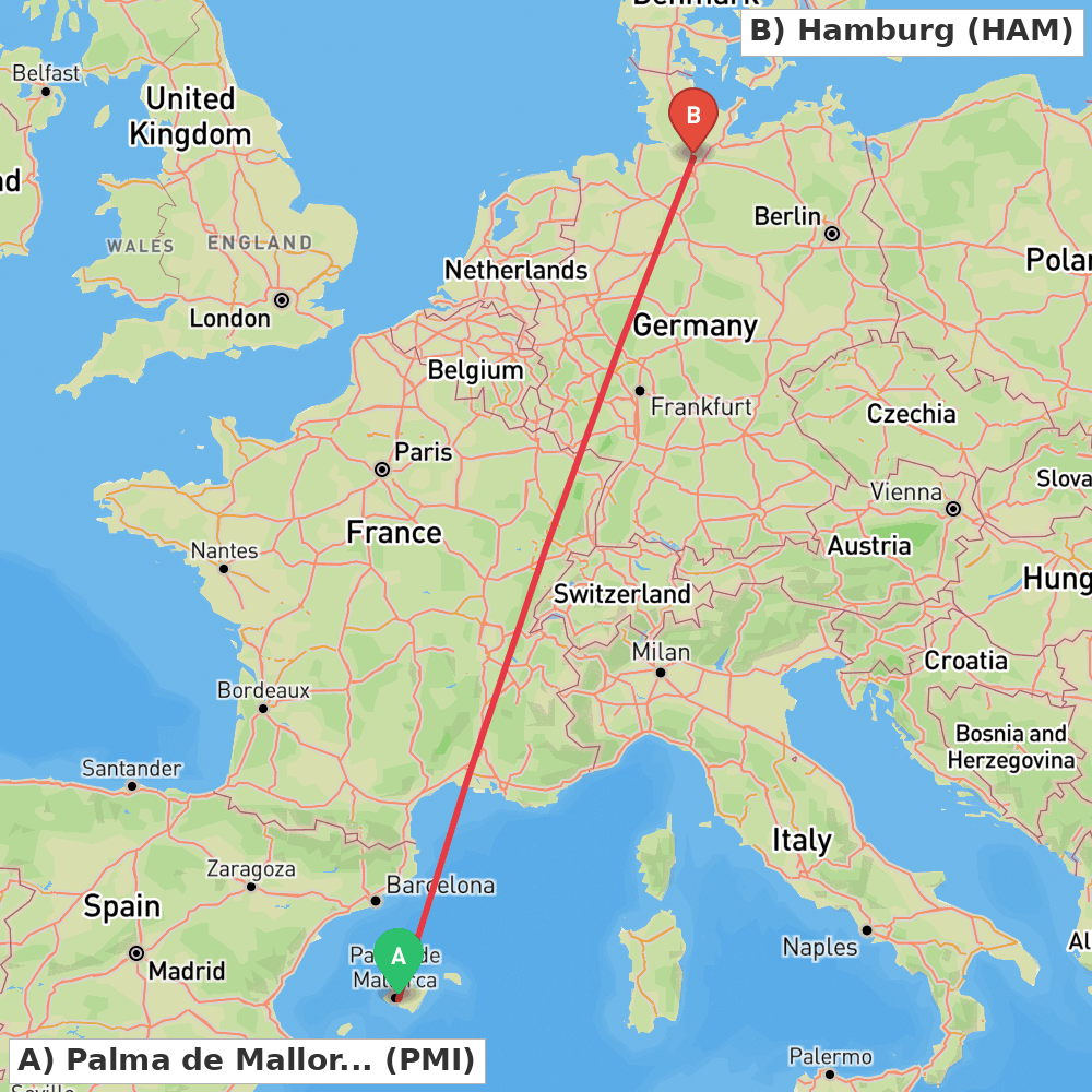 Flight route map from Palma de Mallorca to Hamburg
