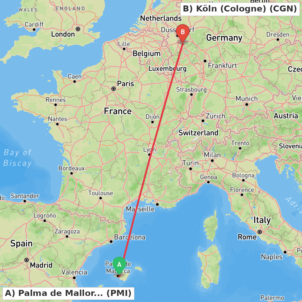 Flight route map from Palma de Mallorca to Köln (Cologne)