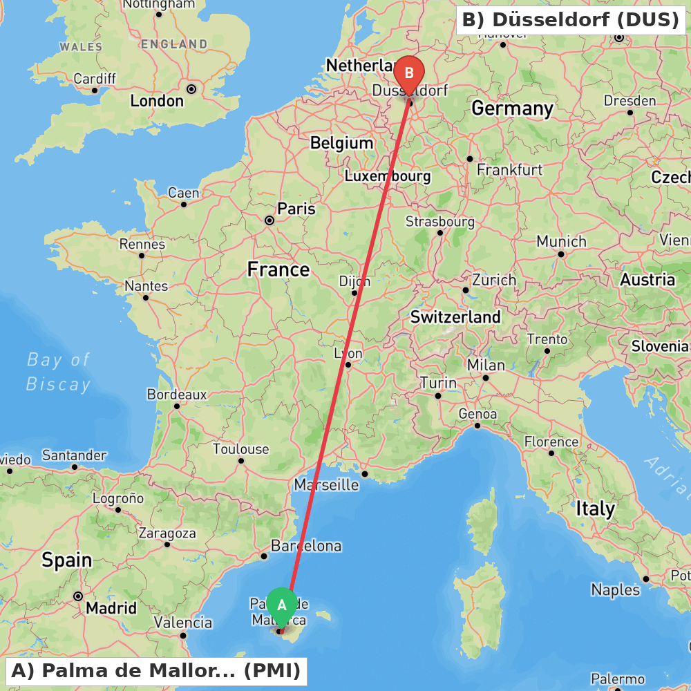 Flight route map from Palma de Mallorca to Düsseldorf